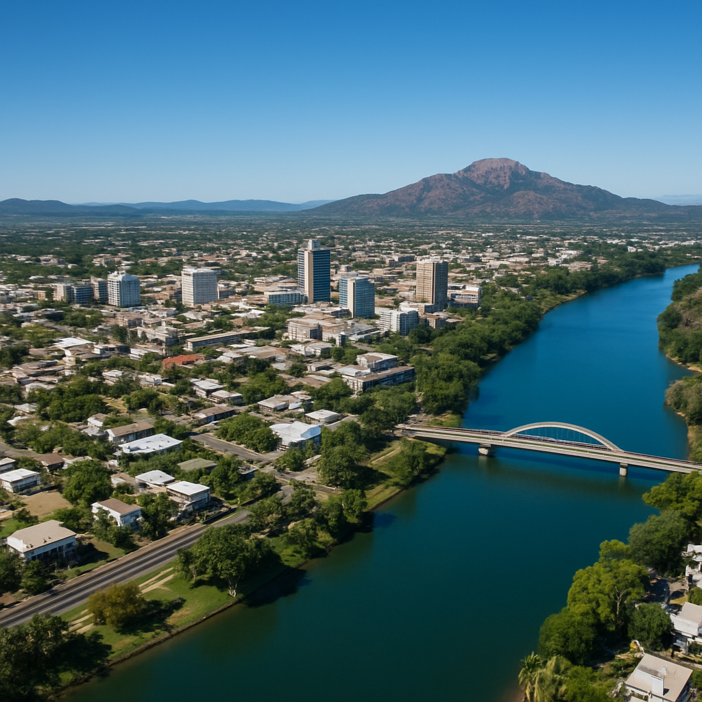Aerial view of Townsville QLD cityscape along Ross River