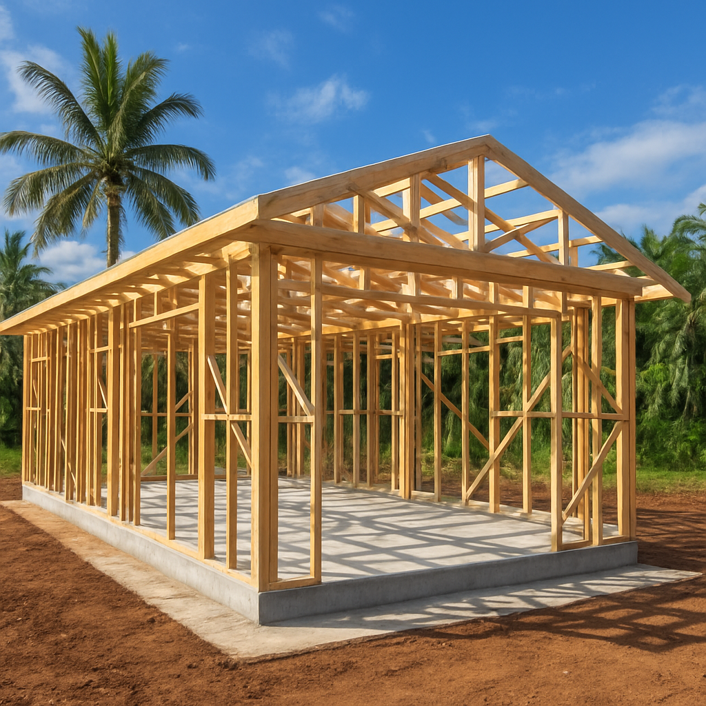 New home under construction in Townsville QLD — timber framing and concrete slab