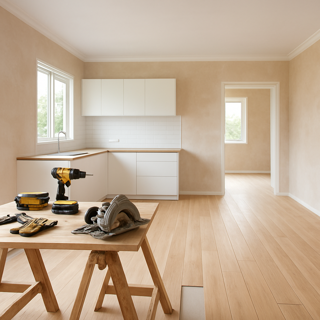 Interior renovation in progress — fresh plaster walls and new flooring